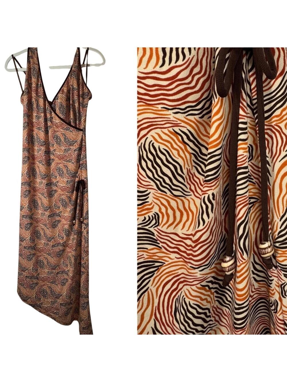 Vintage Y2K Halter Dress Asymmetrical Hem Surplice Orange Brown Midi Cato